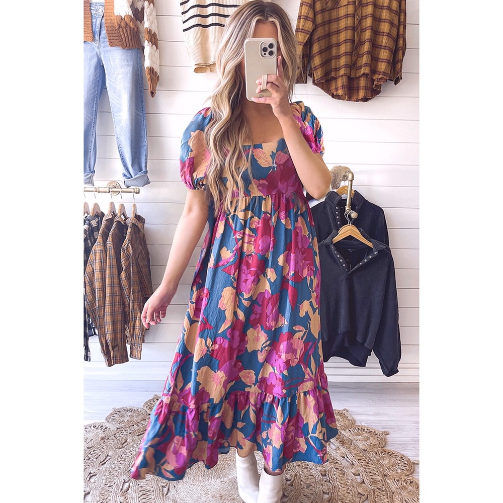 CLEARANCE! Blue Floral Bubble Sleeve Flowy Back Zip Square Neck Midi Dress! - Picture 2 of 11
